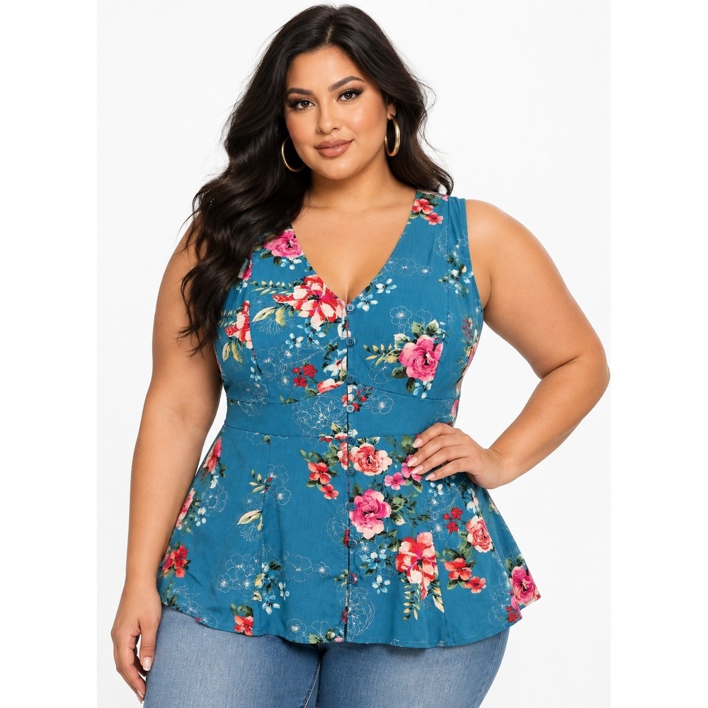 Torrid Women 3 Blue Floral Button Front Sleeveless Tie Back Blouse Top
